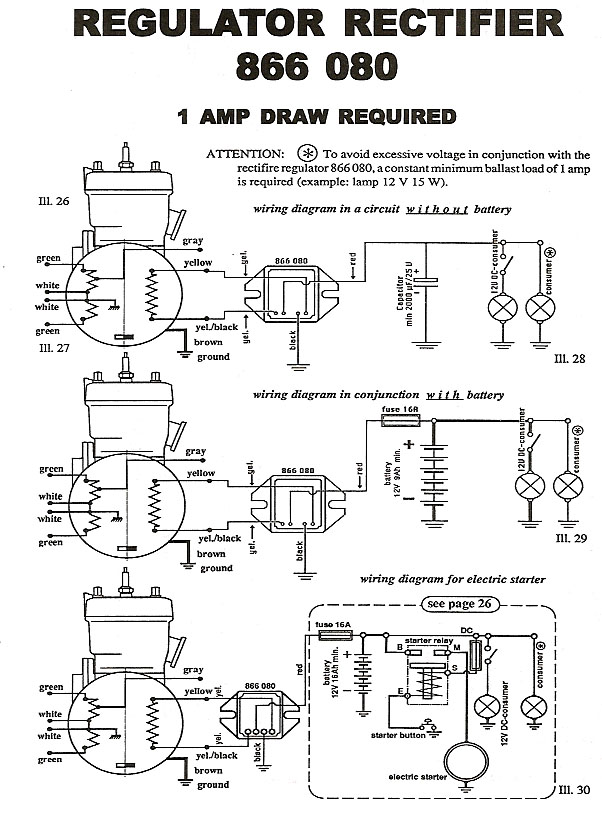 Wiring diagram for866-080 regulator rectifier used on Rotax aircraft engines.