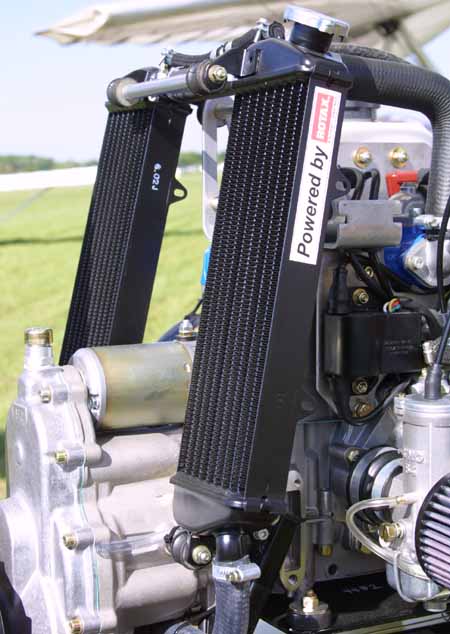 Rotax dual radiator system for Rotax 532, 582, 618 liquid cooled aircraft engines.