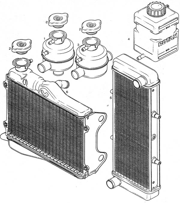 Rotax radiators, rotax single radiators and overflow bottles